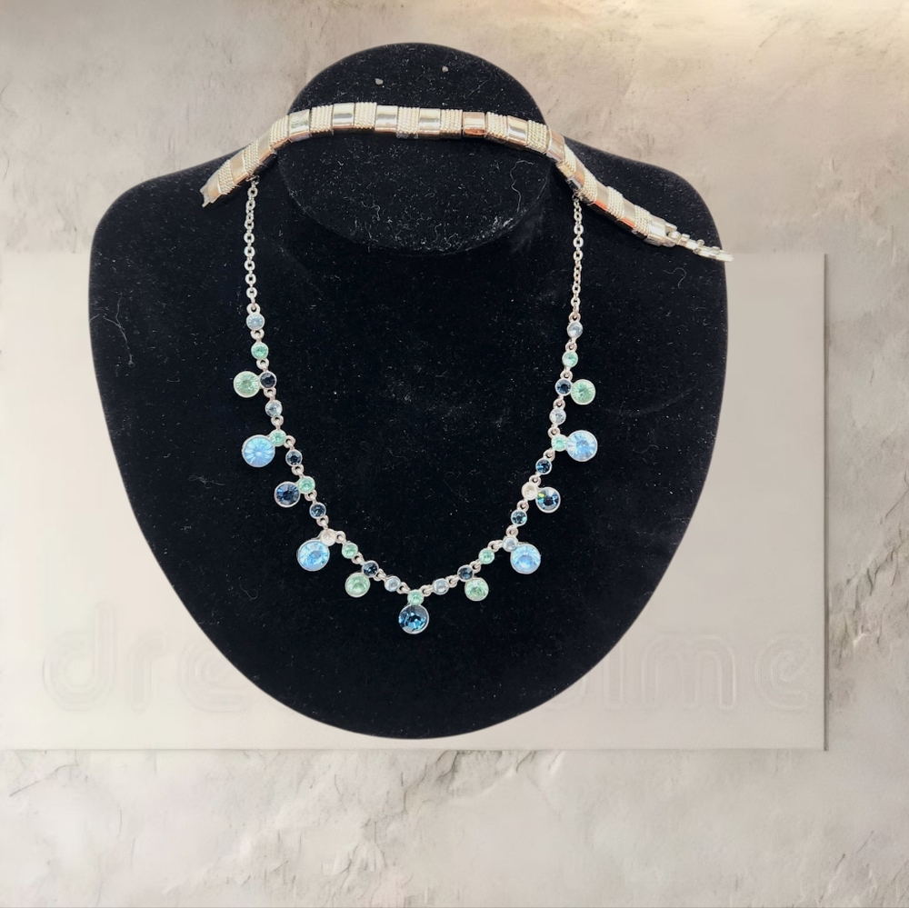 1960s Napier Crystal Rhinestone Necklace + Silver Toned Block Bracelet + Box